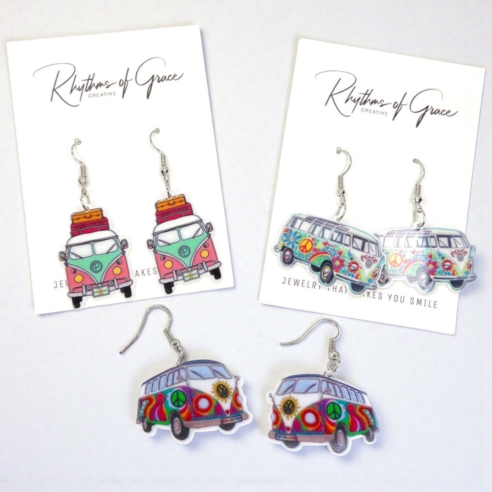 Hippie Van Earrings – Retro Road Trip Jewelry, Flower Power Travel Earrings, NWT